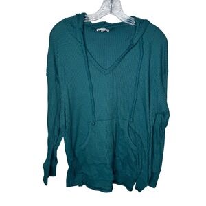 Earthbound Trading Co Waffle Knit Hoodie Teal Green Pullover Size M